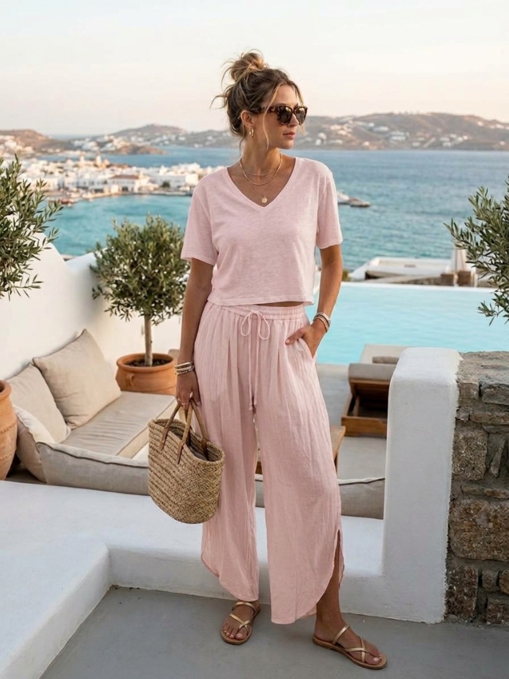 ZARA Soft Light Pink Two Piece Set - Short Sleeve V-Neck Crop Top & Tulip Hem